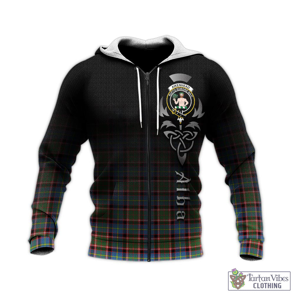 Tartan Vibes Clothing Aikenhead Tartan Knitted Hoodie Featuring Alba Gu Brath Family Crest Celtic Inspired