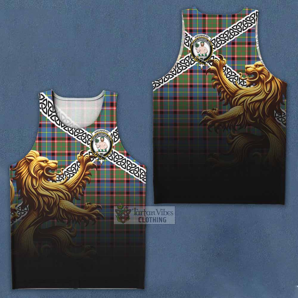 Aikenhead Crest Tartan Men's Tank Top with Golden Lion Emblem Celtic Style - Tartan Vibes Clothing