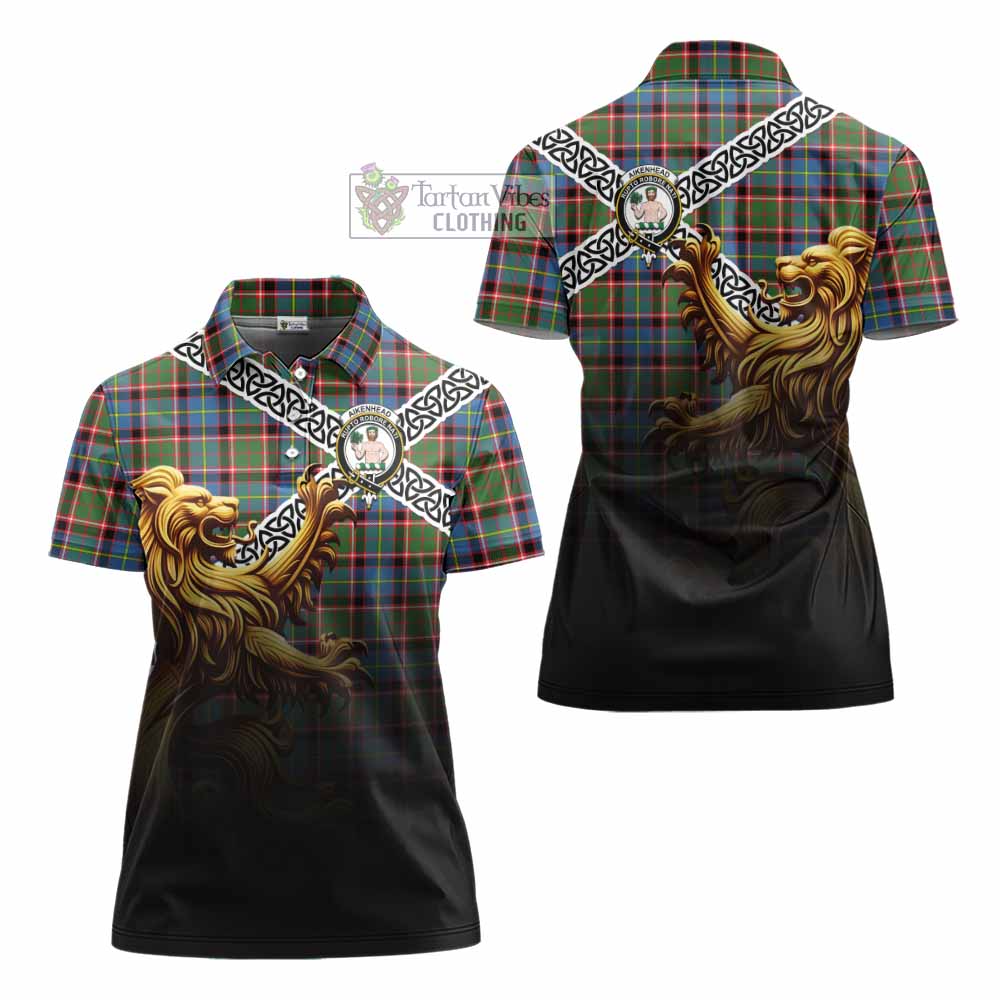 Aikenhead Crest Tartan Women's Polo Shirt with Golden Lion Emblem Celtic Style - Tartan Vibes Clothing