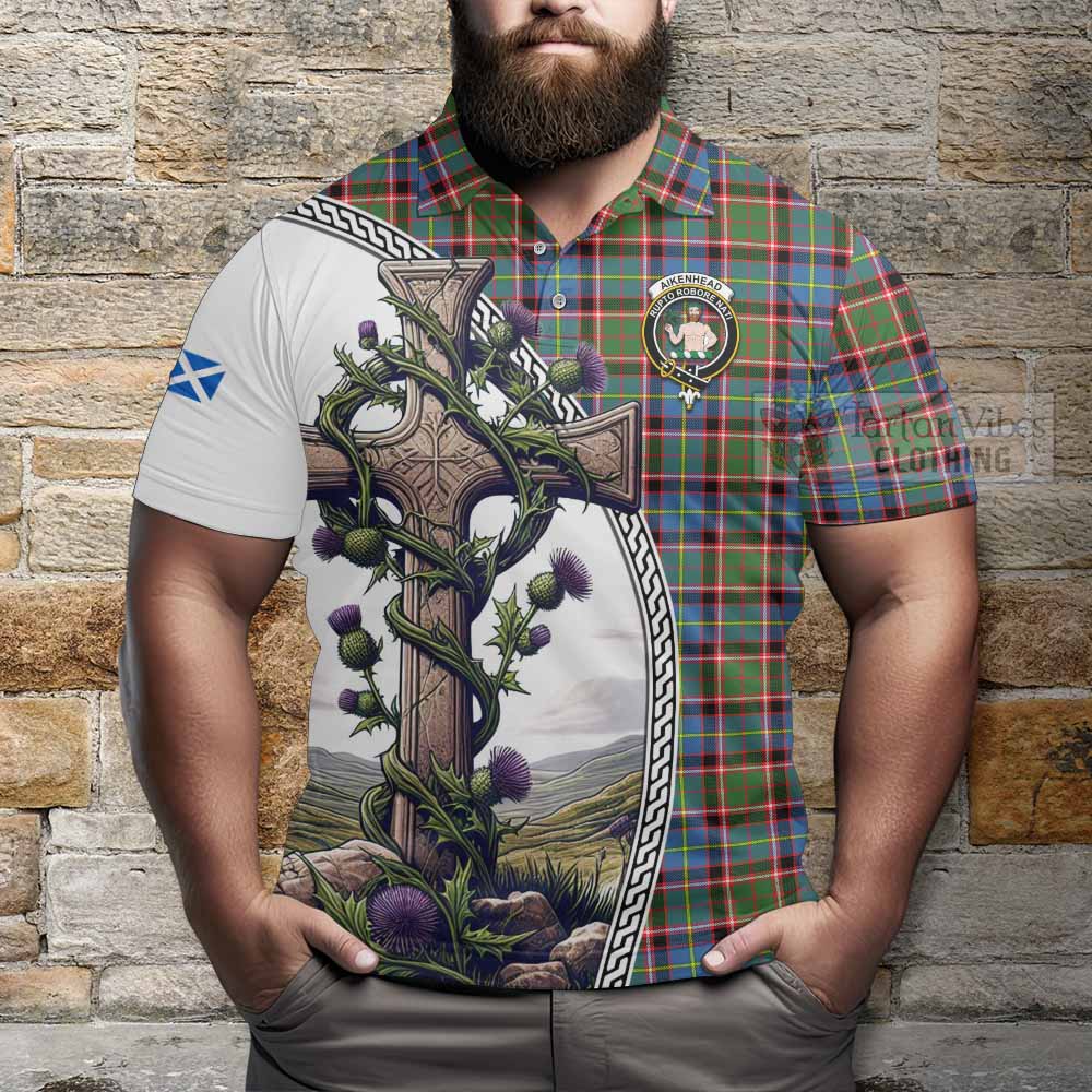 Tartan Vibes Clothing Aikenhead Tartan Polo Shirt with Family Crest and St. Andrew's Cross Accented by Thistle Vines