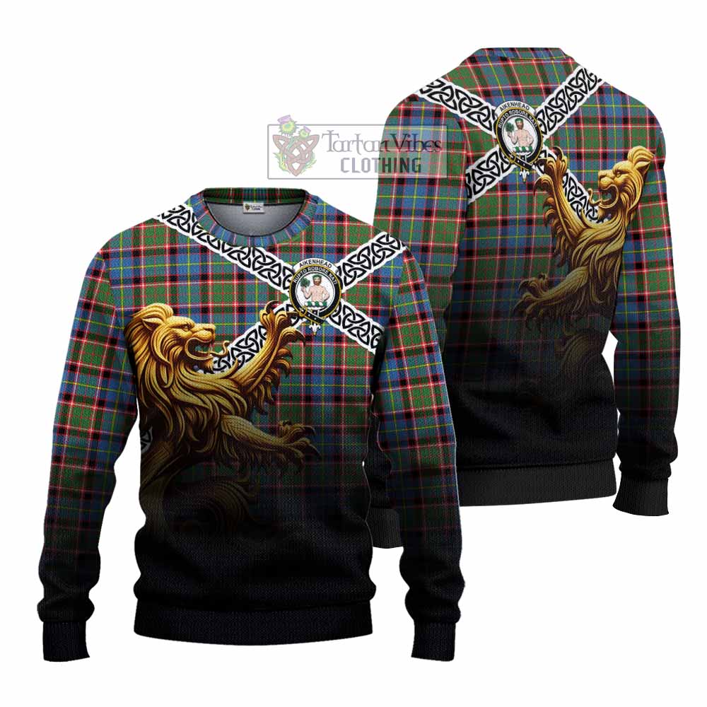 Aikenhead Crest Tartan Knitted Sweater with Golden Lion Emblem Celtic Style - Tartan Vibes Clothing