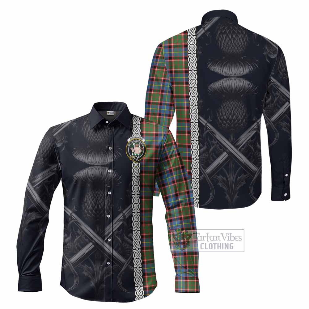 Tartan Vibes Clothing Aikenhead Tartan Long Sleeve Button Shirt with Family Crest Cross Sword Thistle Celtic Vibes