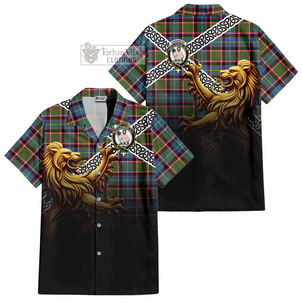 Aikenhead Crest Tartan Hawaiian Shirt with Golden Lion Emblem Celtic Style - Tartan Vibes Clothing