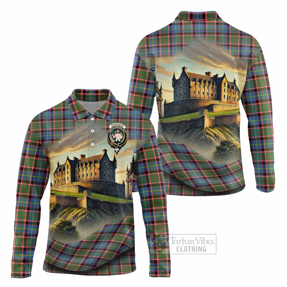 Aikenhead Tartan Family Crest Long Sleeve Polo Shirt with Scottish Ancient Castle Style - Tartan Vibes Clothing