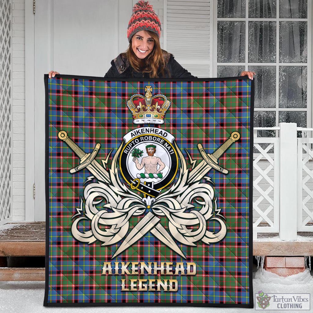 Tartan Vibes Clothing Aikenhead Tartan Quilt with Clan Crest and the Golden Sword of Courageous Legacy