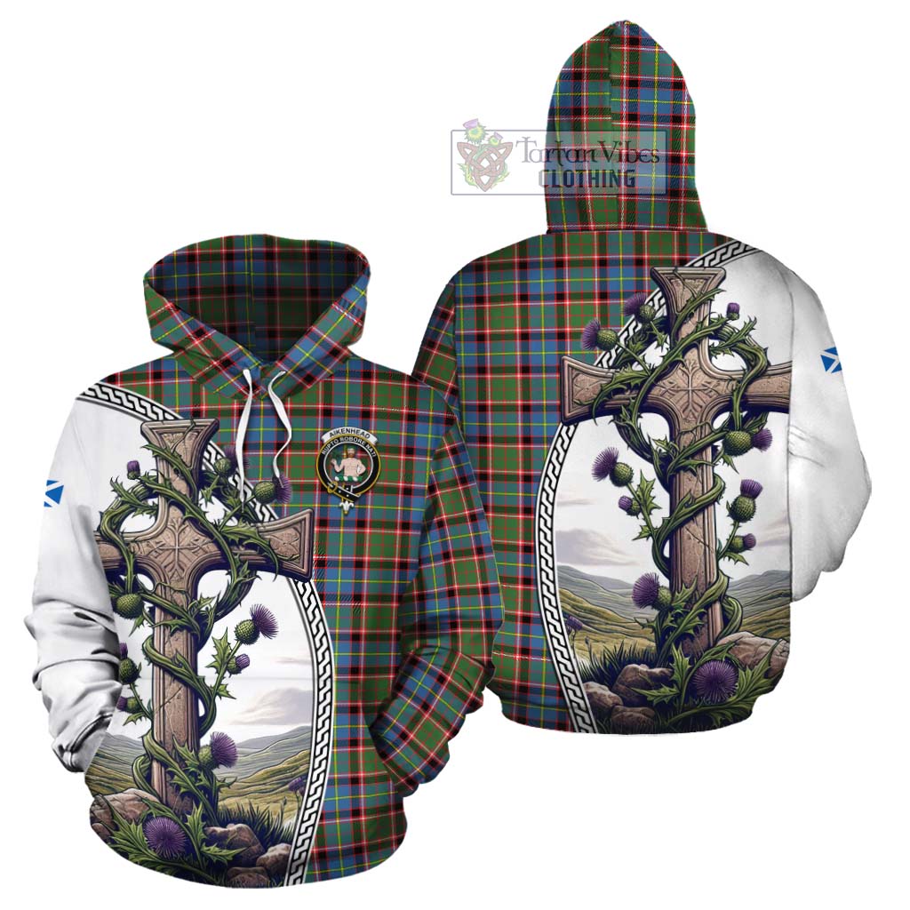 Tartan Vibes Clothing Aikenhead Tartan Cotton Hoodie with Family Crest and St. Andrew's Cross Accented by Thistle Vines