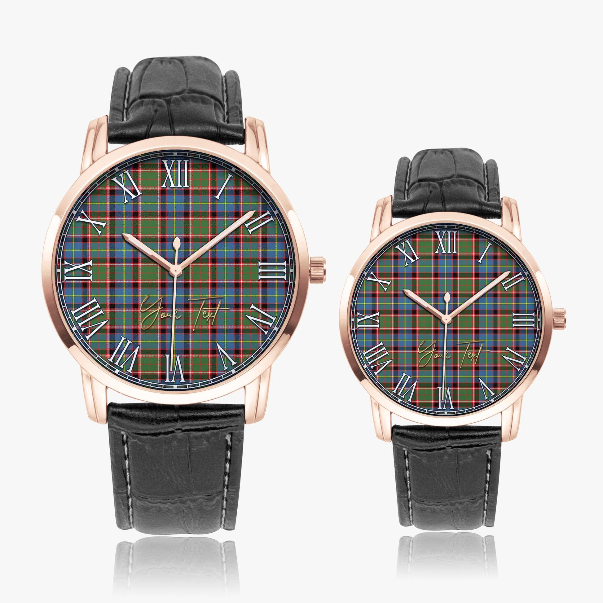 Aikenhead Tartan Personalized Your Text Leather Trap Quartz Watch Wide Type Rose Gold Case With Black Leather Strap - Tartanvibesclothing