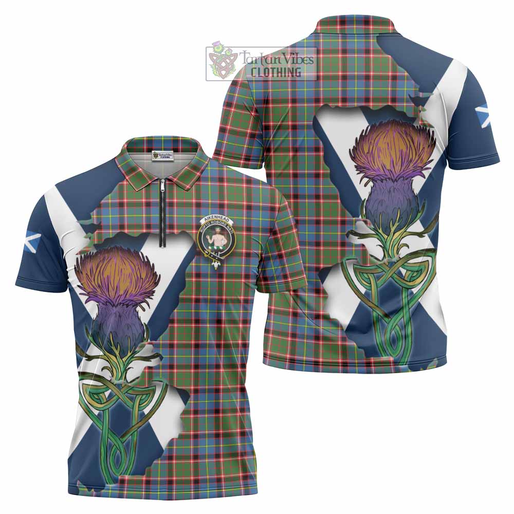 Tartan Vibes Clothing Aikenhead Tartan Family Crest Zipper Polo Shirt Scottish Thistle Celtic Inspired