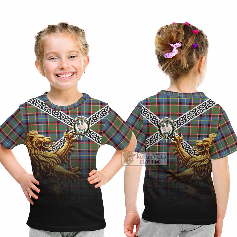 Aikenhead Crest Tartan Kid T-Shirt with Golden Lion Emblem Celtic Style - Tartan Vibes Clothing