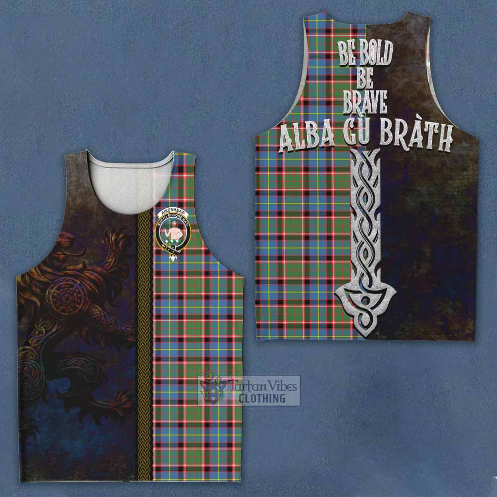 Tartan Vibes Clothing Aikenhead Tartan Family Crest Men's Tank Top Alba Gu Brath Be Brave Lion Ancient Style
