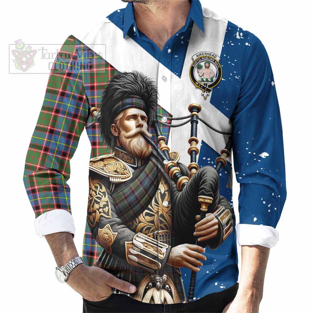 Aikenhead Tartan Long Sleeve Button Shirt with Family Crest Scottish Bagpiper Vibes - Tartan Vibes Clothing