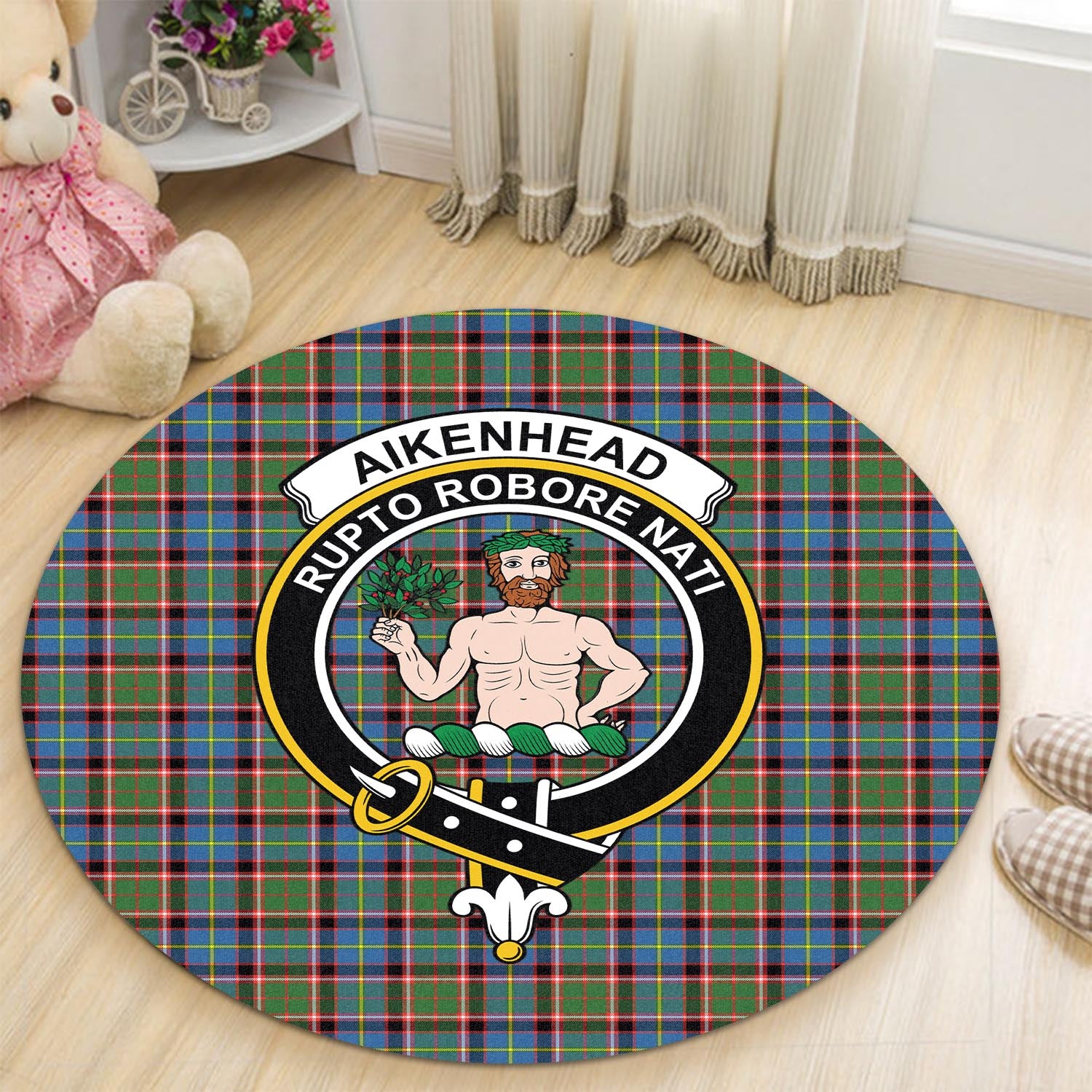 Aikenhead Tartan Round Rug with Family Crest - Tartanvibesclothing
