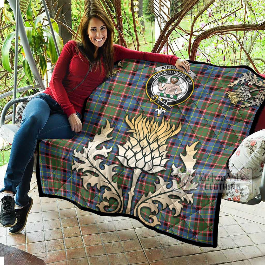 Aikenhead Tartan Quilt with Family Crest and Golden Thistle Style - Tartan Vibes Clothing