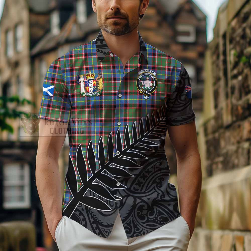 Aikenhead Crest Tartan Hawaiian Shirt with New Zealand Silver Fern Half Style - Tartan Vibes Clothing