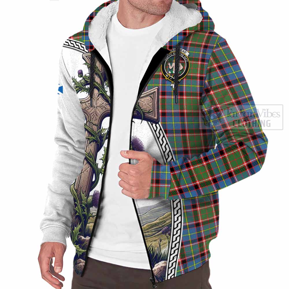Tartan Vibes Clothing Aikenhead Tartan Sherpa Hoodie with Family Crest and St. Andrew's Cross Accented by Thistle Vines