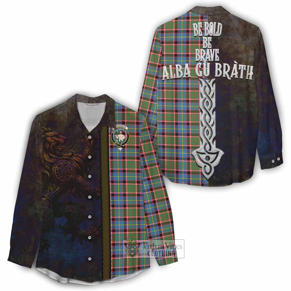 Tartan Vibes Clothing Aikenhead Tartan Family Crest Women's Casual Shirt Alba Gu Brath Be Brave Lion Ancient Style