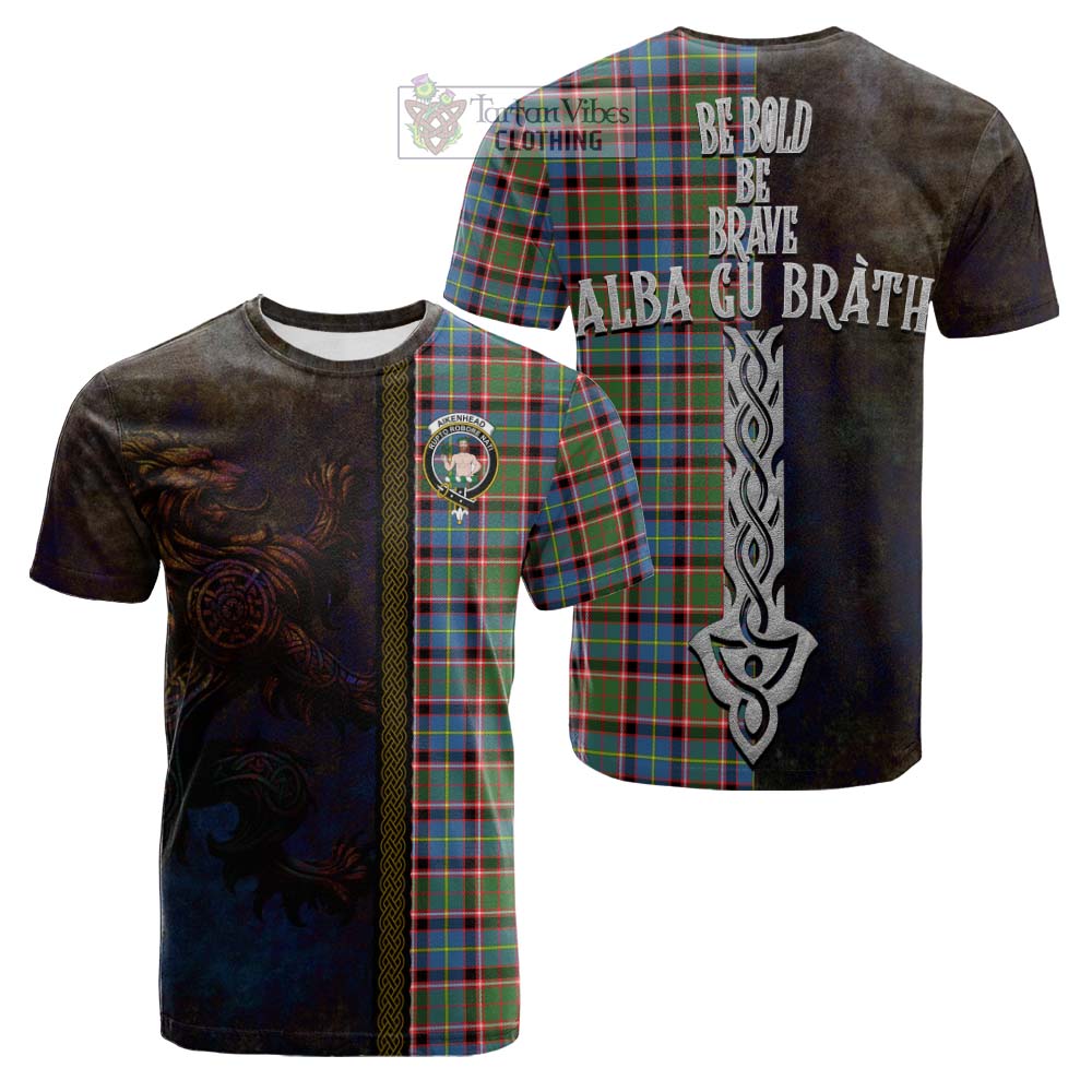 Tartan Vibes Clothing Aikenhead Tartan Family Crest Cotton T-shirt Alba Gu Brath Be Brave Lion Ancient Style