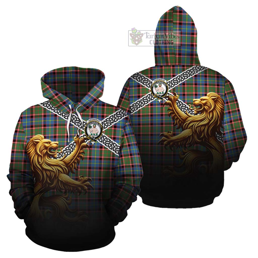 Aikenhead Crest Tartan Cotton Hoodie with Golden Lion Emblem Celtic Style - Tartan Vibes Clothing