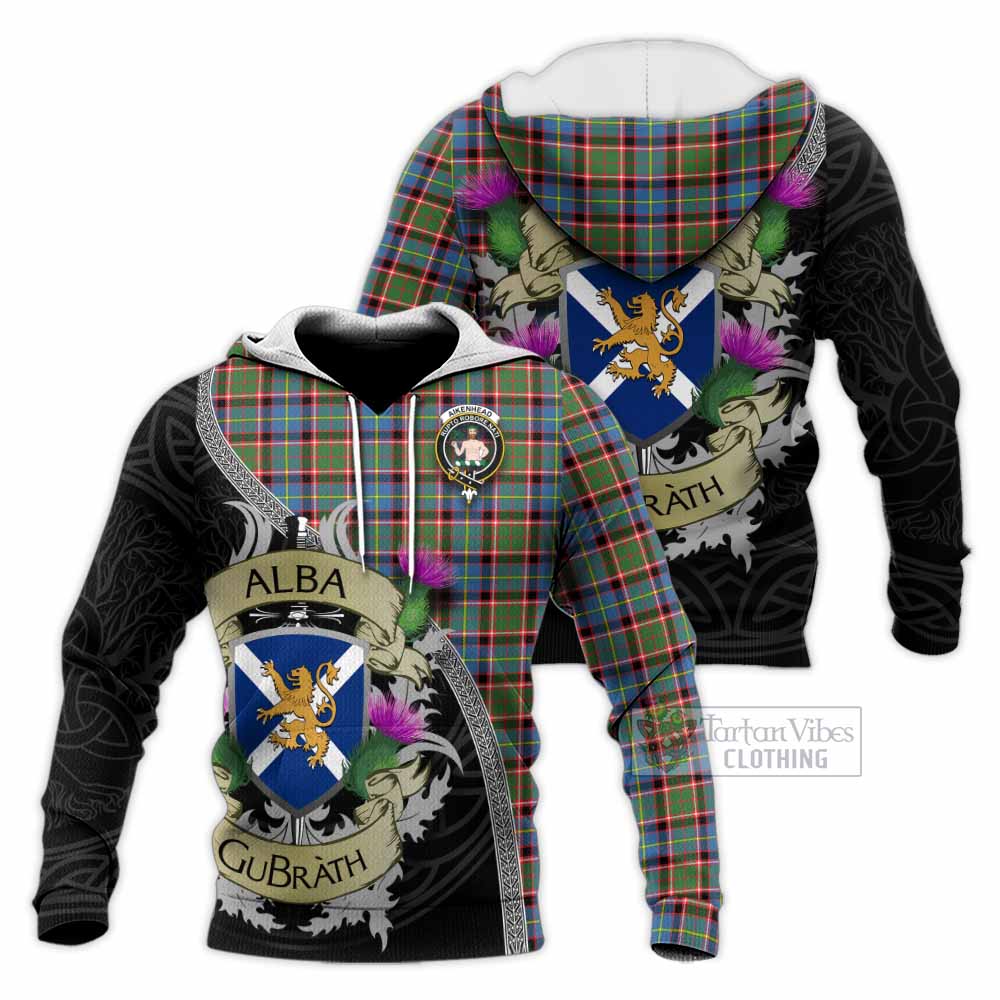 Tartan Vibes Clothing Aikenhead Tartan Family Crest Knitted Hoodie Lion Rampant Royal Thistle Shield Celtic Inspired