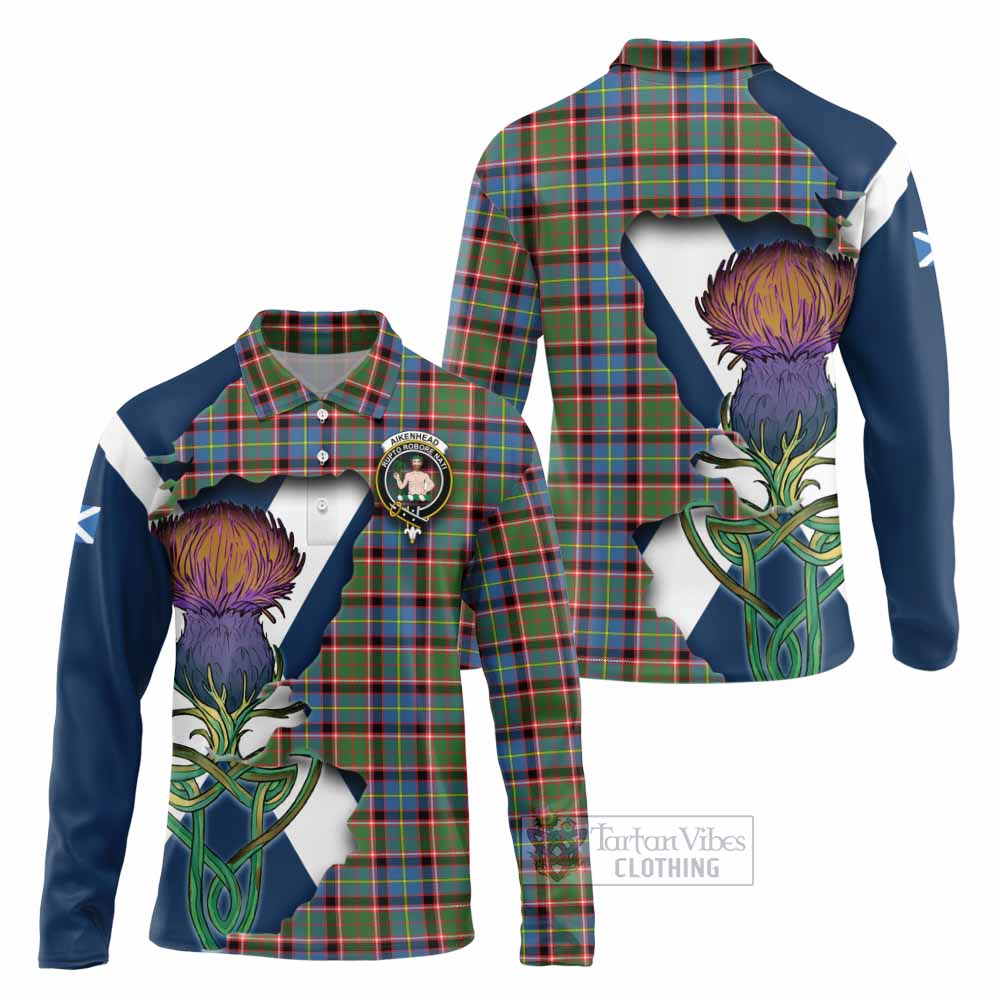 Tartan Vibes Clothing Aikenhead Tartan Family Crest Long Sleeve Polo Shirt Scottish Thistle Celtic Inspired