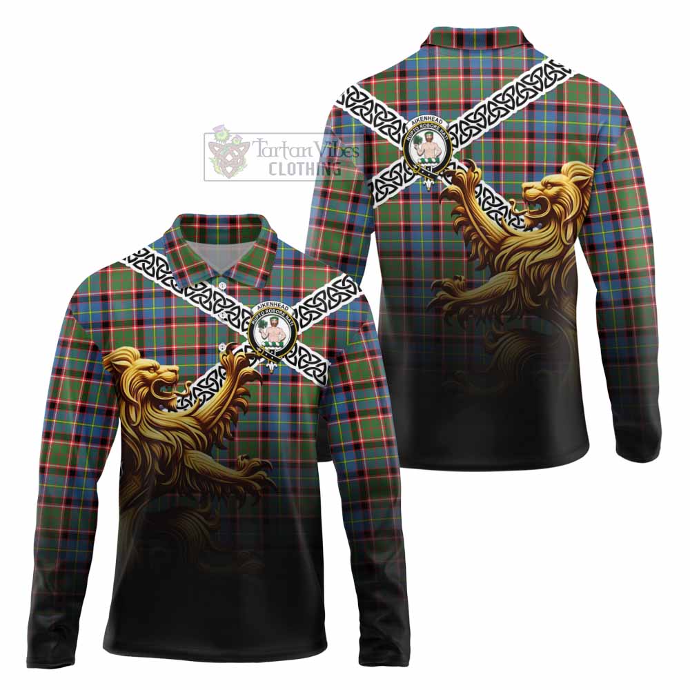 Aikenhead Crest Tartan Long Sleeve Polo Shirt with Golden Lion Emblem Celtic Style - Tartan Vibes Clothing