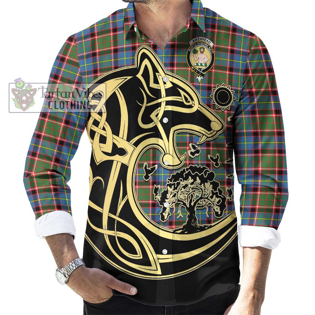 Aikenhead Tartan Long Sleeve Button Shirt with Family Crest Celtic Wolf Style - Tartan Vibes Clothing