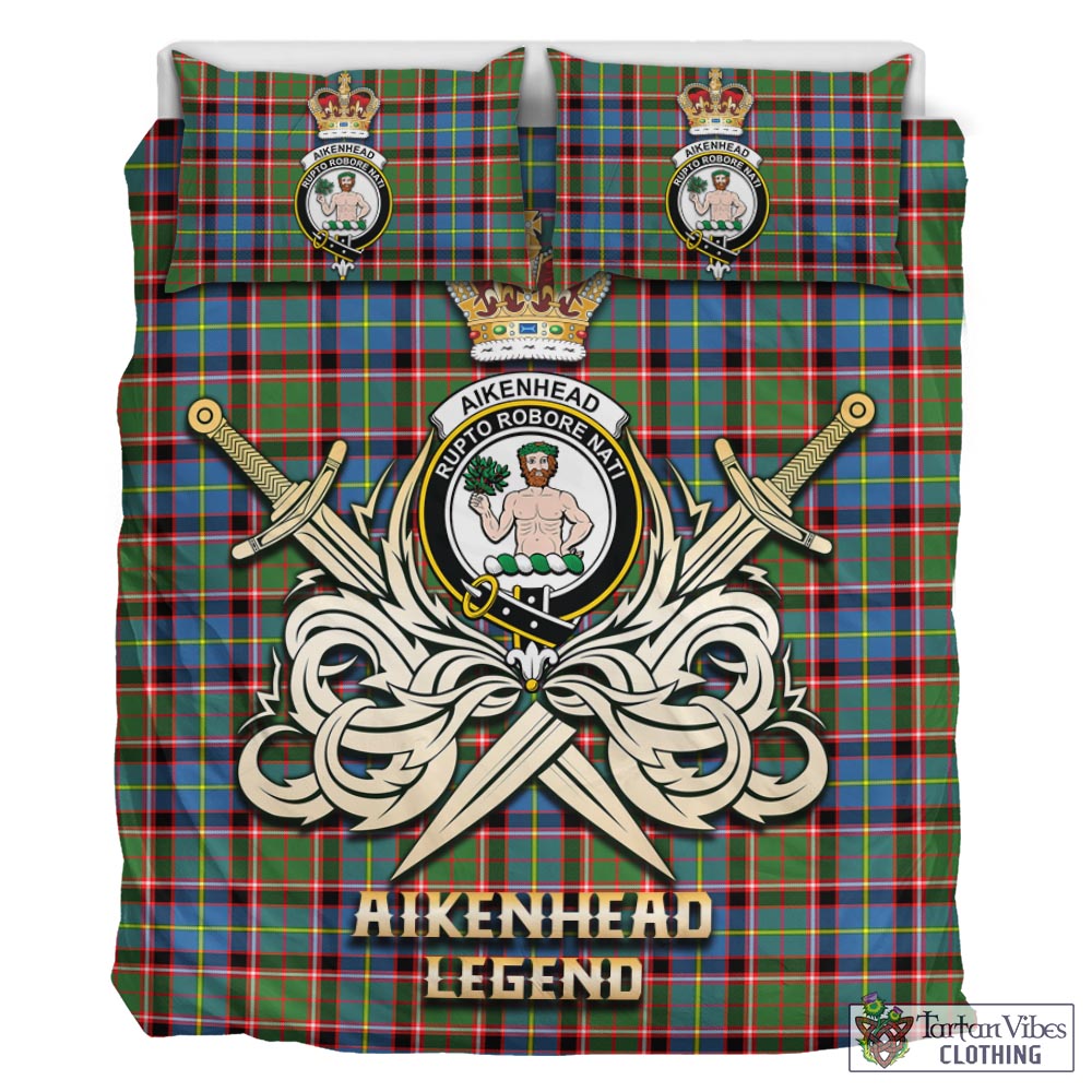 Tartan Vibes Clothing Aikenhead Tartan Bedding Set with Clan Crest and the Golden Sword of Courageous Legacy