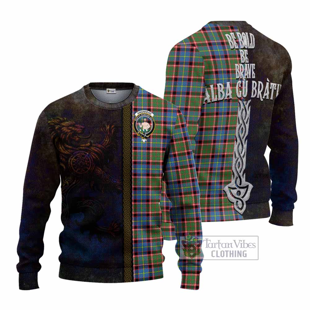 Tartan Vibes Clothing Aikenhead Tartan Family Crest Knitted Sweater Alba Gu Brath Be Brave Lion Ancient Style