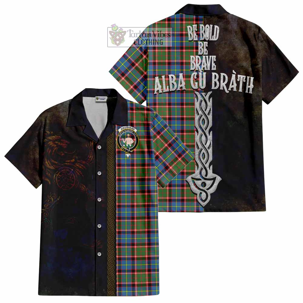 Tartan Vibes Clothing Aikenhead Tartan Family Crest Short Sleeve Button Shirt Alba Gu Brath Be Brave Lion Ancient Style