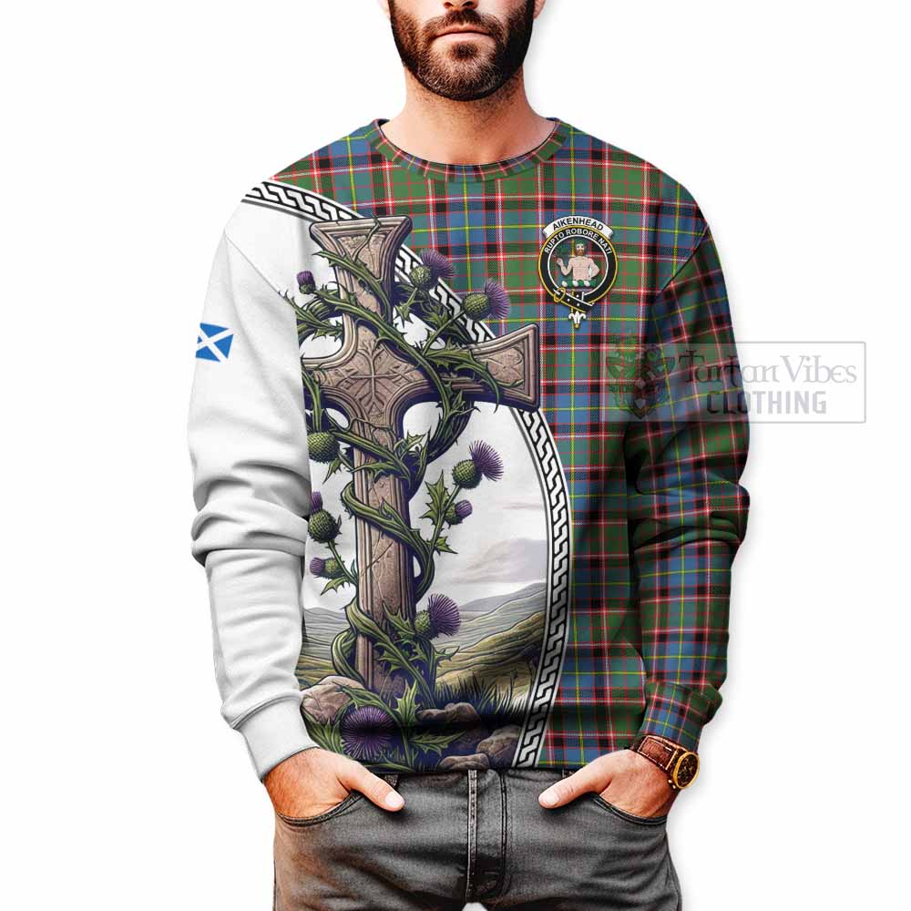 Aikenhead Tartan Sweatshirt with Family Crest and St. Andrew's Cross Accented by Thistle Vines - Tartan Vibes Clothing