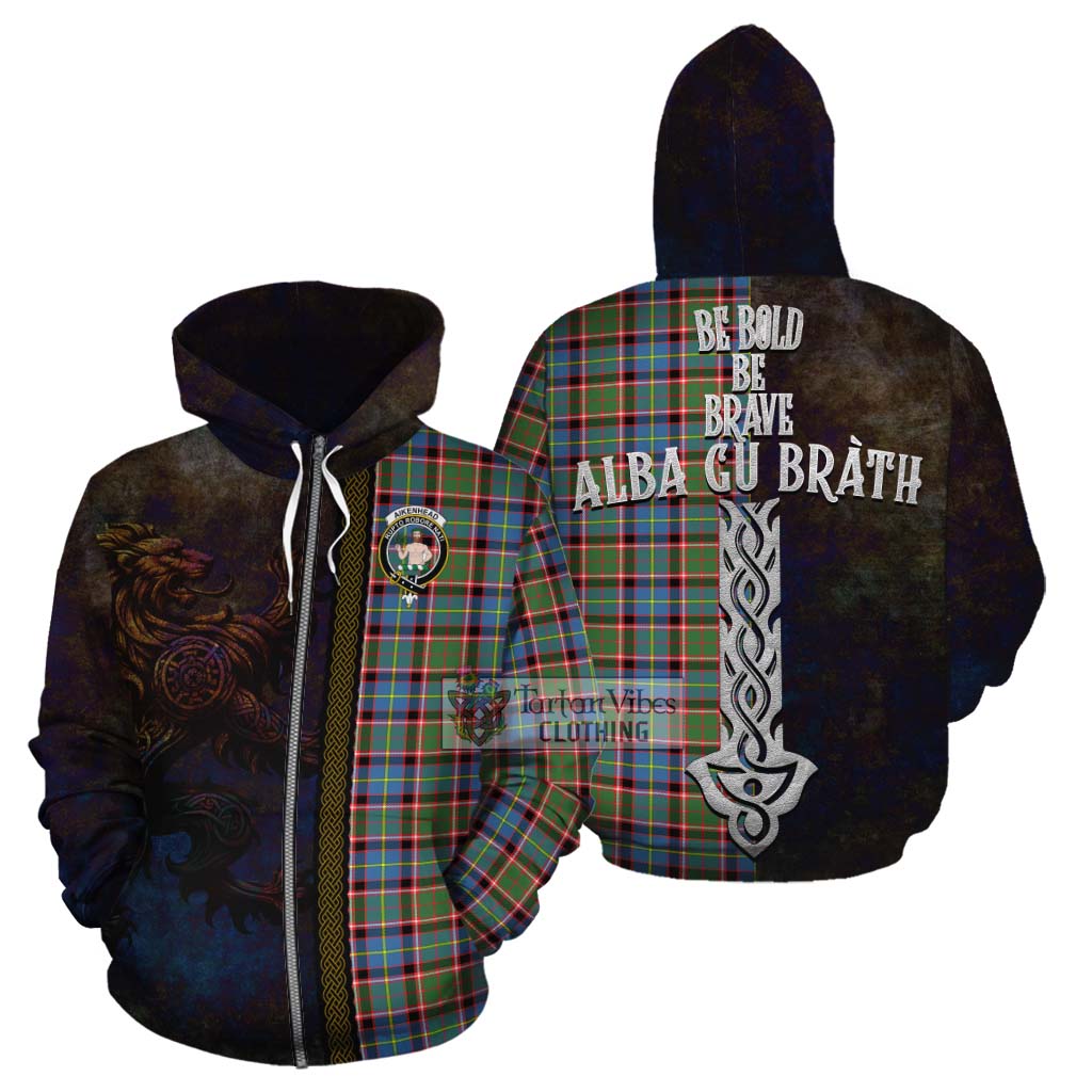 Tartan Vibes Clothing Aikenhead Tartan Family Crest Cotton Hoodie Alba Gu Brath Be Brave Lion Ancient Style