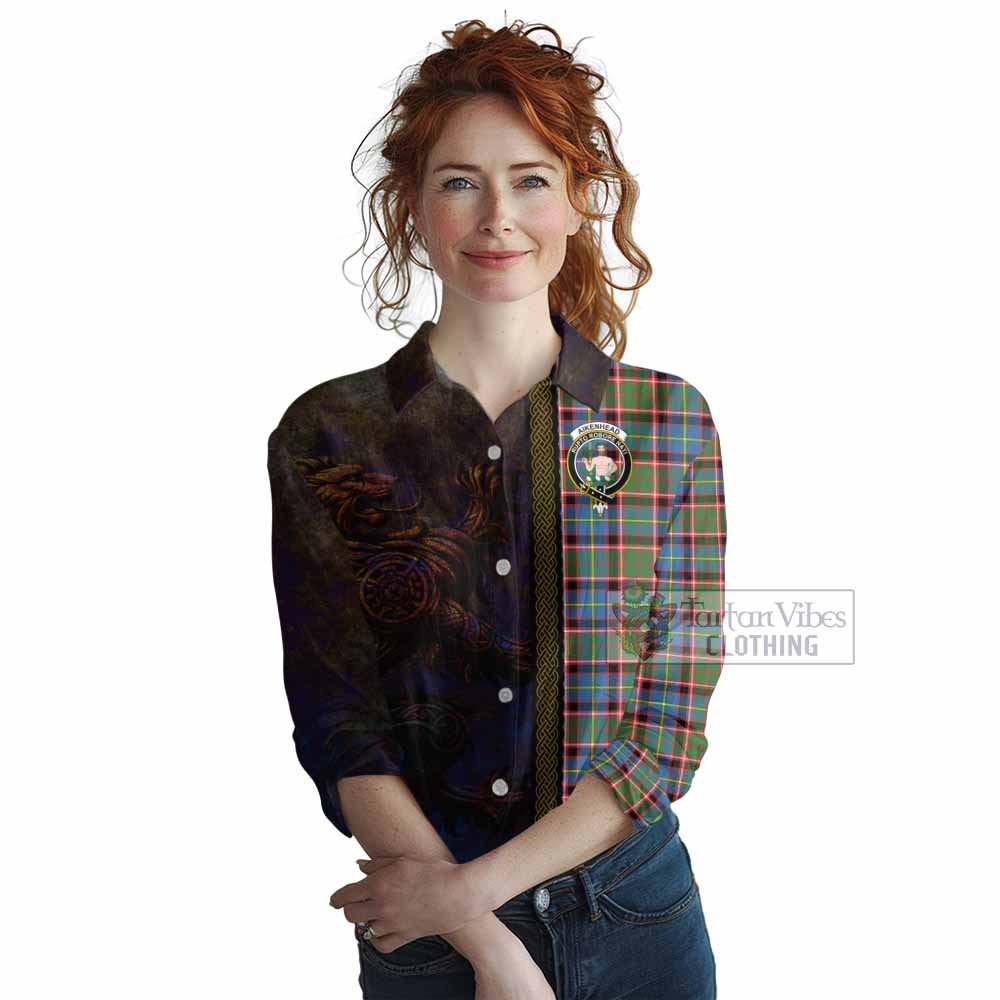 Tartan Vibes Clothing Aikenhead Tartan Family Crest Women's Casual Shirt Alba Gu Brath Be Brave Lion Ancient Style