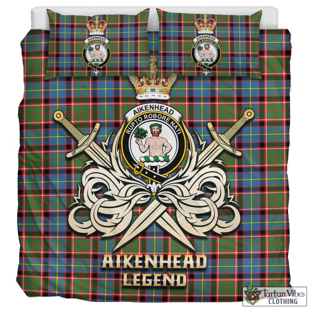 Tartan Vibes Clothing Aikenhead Tartan Bedding Set with Clan Crest and the Golden Sword of Courageous Legacy