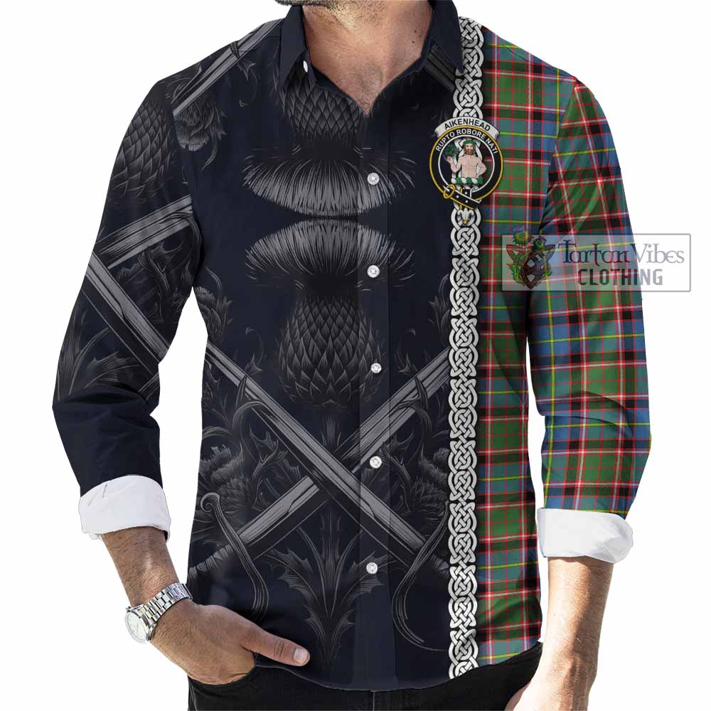Tartan Vibes Clothing Aikenhead Tartan Long Sleeve Button Shirt with Family Crest Cross Sword Thistle Celtic Vibes