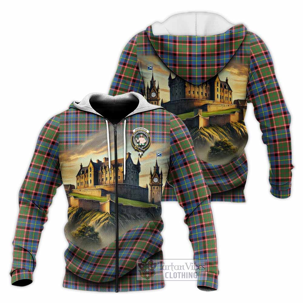 Tartan Vibes Clothing Aikenhead Tartan Family Crest Knitted Hoodie with Scottish Ancient Castle Style