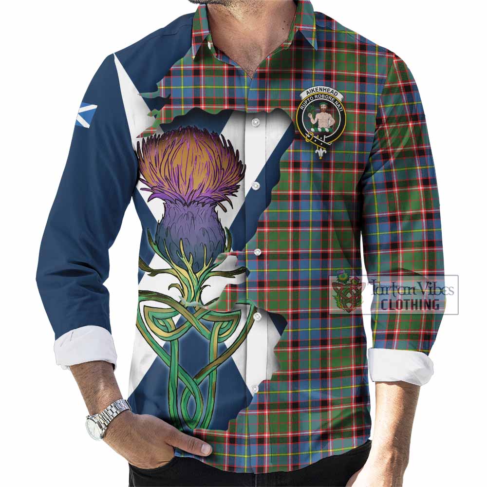 Tartan Vibes Clothing Aikenhead Tartan Family Crest Long Sleeve Button Shirt Scottish Thistle Celtic Inspired