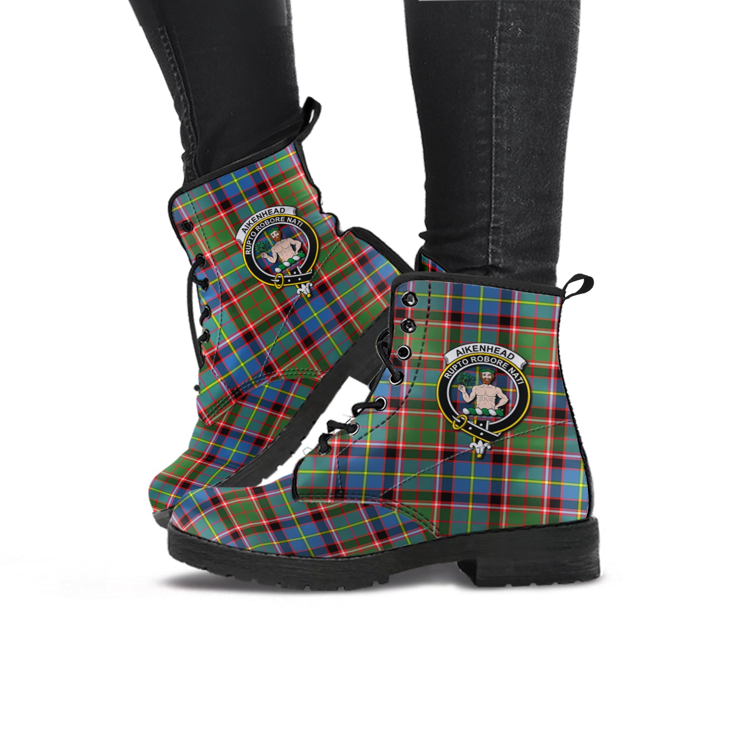 Aikenhead Tartan Leather Boots with Family Crest - Tartanvibesclothing