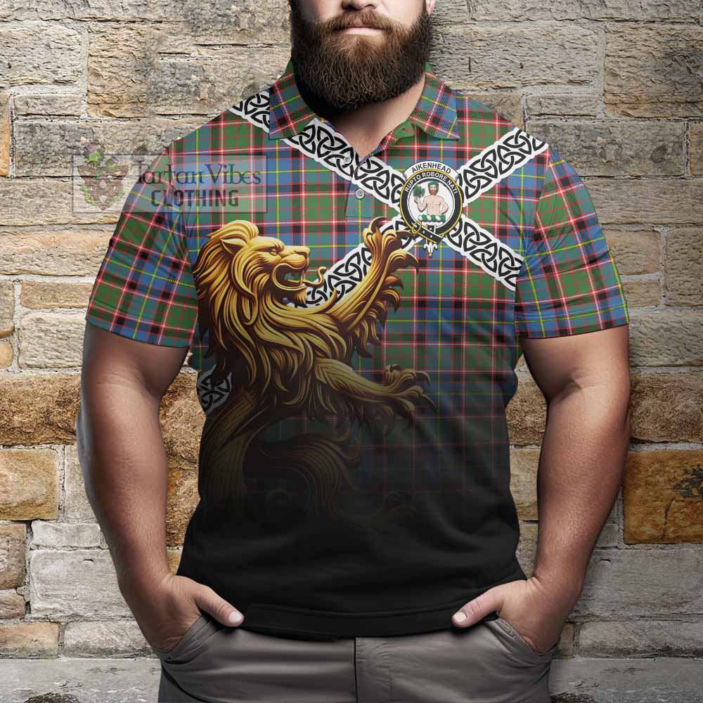 Aikenhead Crest Tartan Polo Shirt with Golden Lion Emblem Celtic Style - Tartan Vibes Clothing