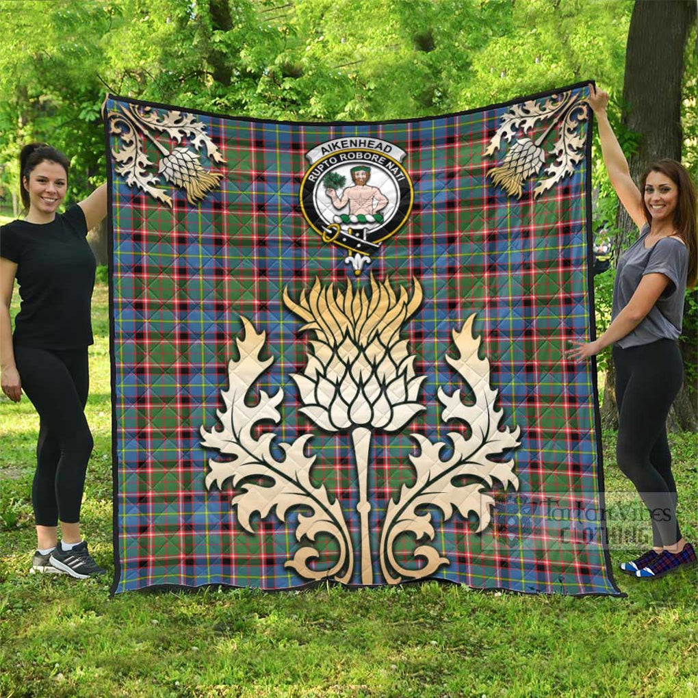 Aikenhead Tartan Quilt with Family Crest and Golden Thistle Style - Tartan Vibes Clothing