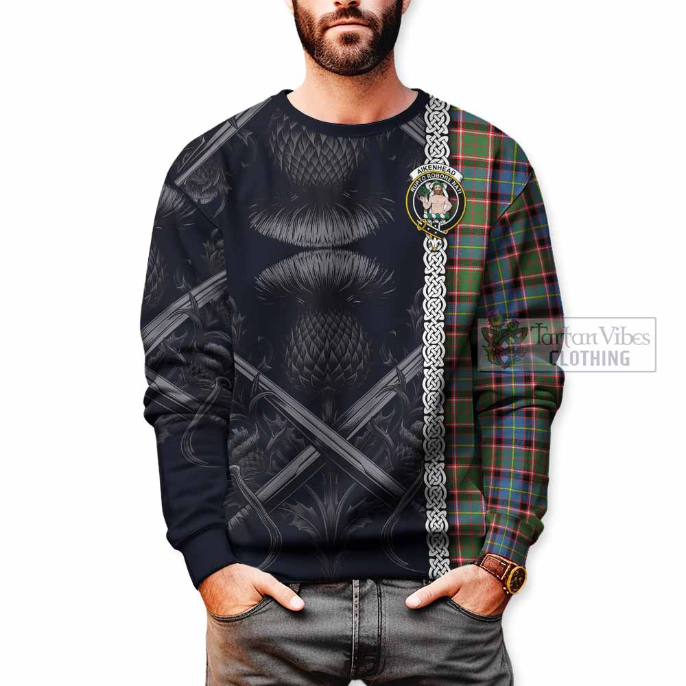 Aikenhead Tartan Sweatshirt with Family Crest Cross Sword Thistle Celtic Vibes - Tartan Vibes Clothing