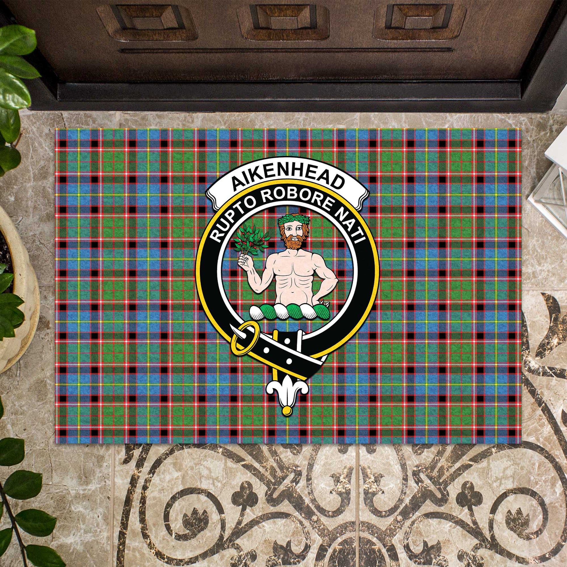 Aikenhead Tartan Door Mat with Family Crest - Tartanvibesclothing