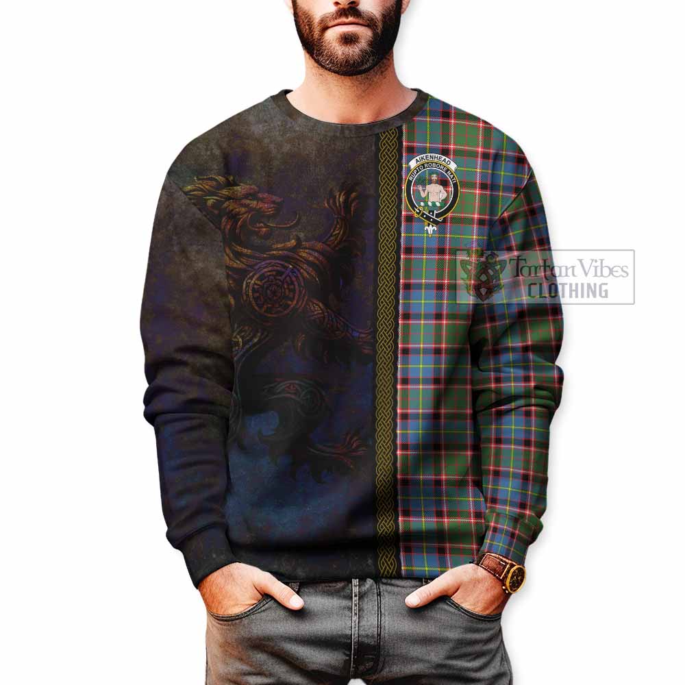 Tartan Vibes Clothing Aikenhead Tartan Family Crest Sweatshirt Alba Gu Brath Be Brave Lion Ancient Style