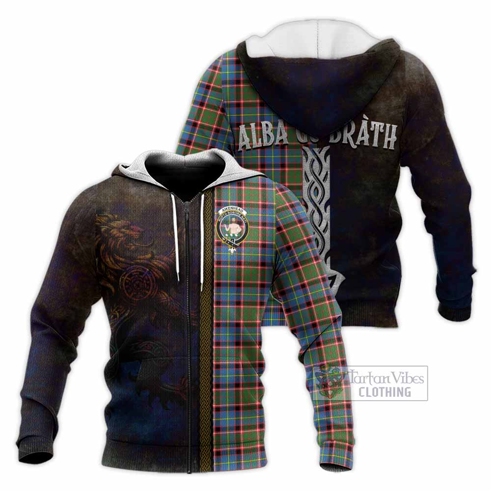 Tartan Vibes Clothing Aikenhead Tartan Family Crest Knitted Hoodie Alba Gu Brath Be Brave Lion Ancient Style