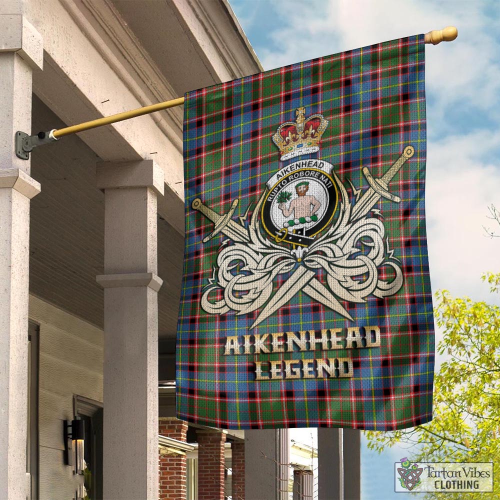Tartan Vibes Clothing Aikenhead Tartan Flag with Clan Crest and the Golden Sword of Courageous Legacy