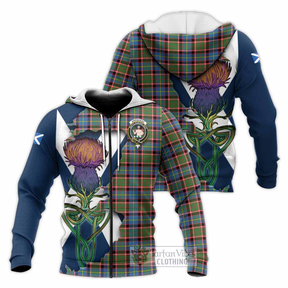 Tartan Vibes Clothing Aikenhead Tartan Family Crest Knitted Hoodie Scottish Thistle Celtic Inspired