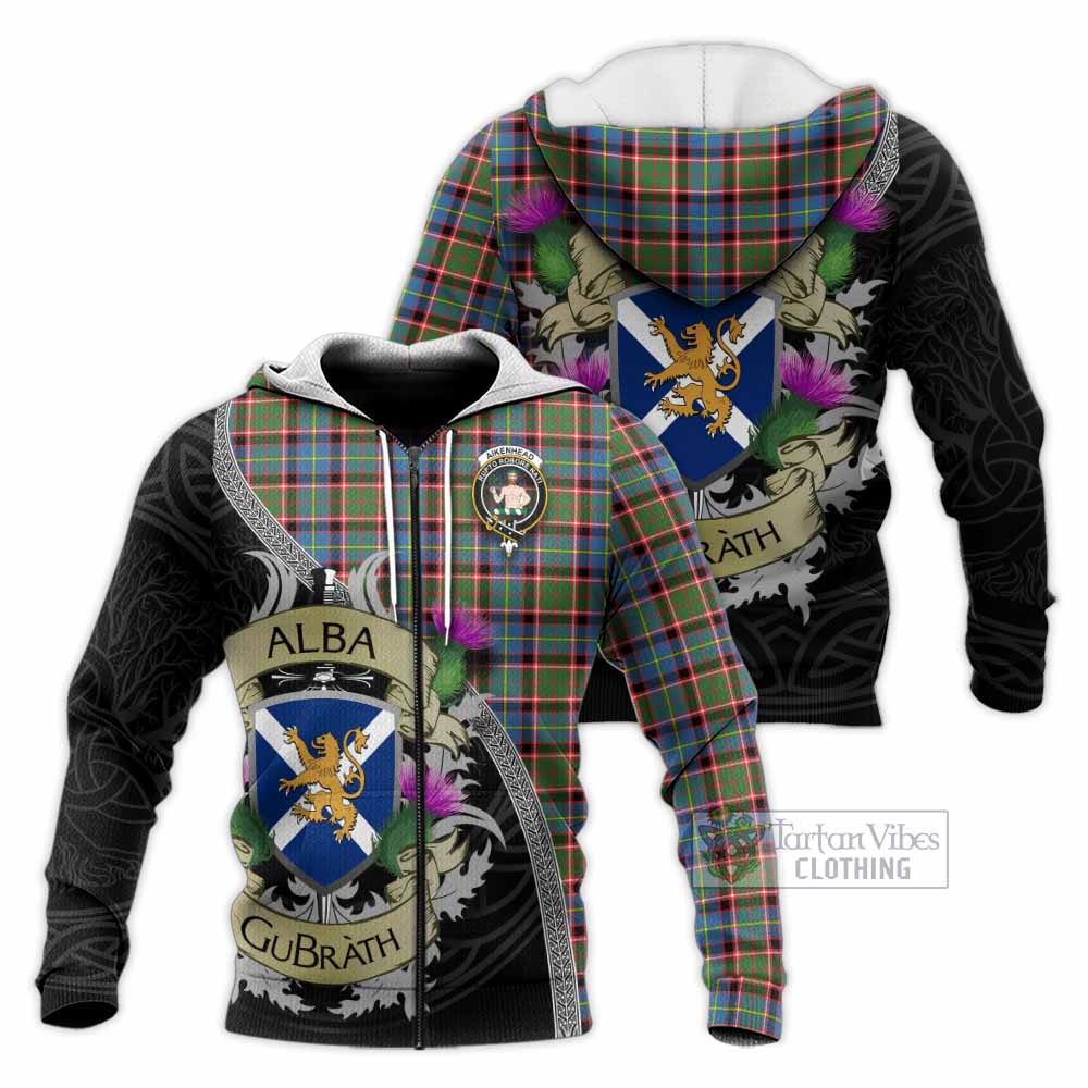 Tartan Vibes Clothing Aikenhead Tartan Family Crest Knitted Hoodie Lion Rampant Royal Thistle Shield Celtic Inspired
