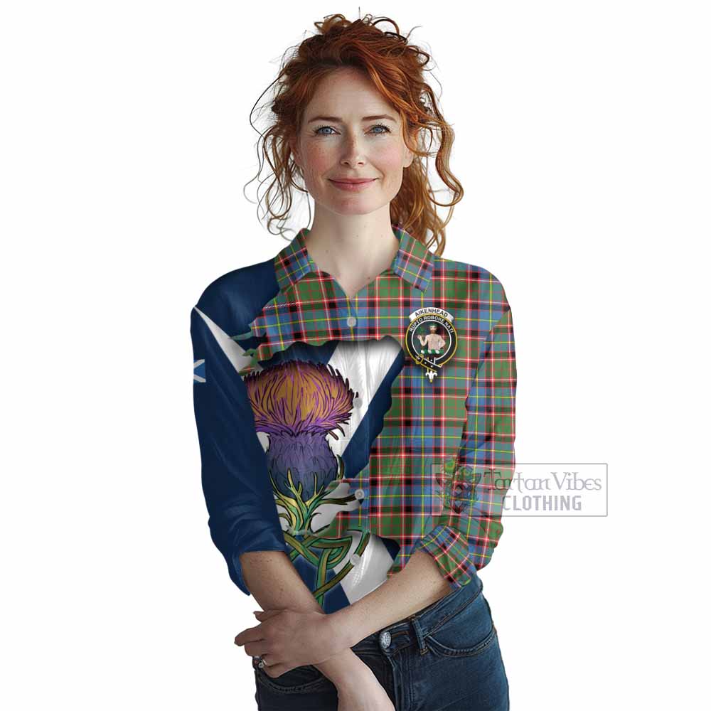 Tartan Vibes Clothing Aikenhead Tartan Family Crest Women's Casual Shirt Scottish Thistle Celtic Inspired