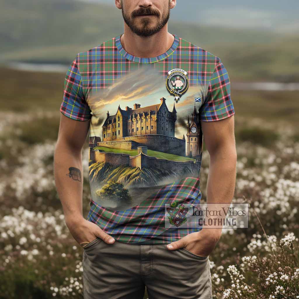 Aikenhead Tartan Family Crest T-Shirt with Scottish Ancient Castle Style - Tartan Vibes Clothing