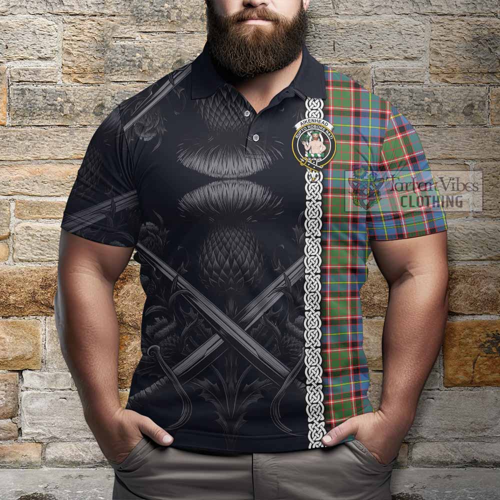 Aikenhead Tartan Polo Shirt with Family Crest Cross Sword Thistle Celtic Vibes - Tartan Vibes Clothing