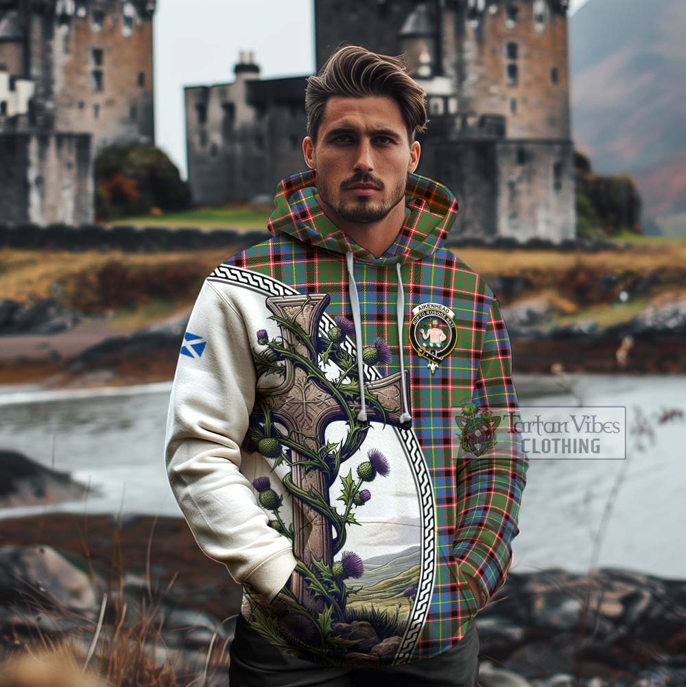 Tartan Vibes Clothing Aikenhead Tartan Cotton Hoodie with Family Crest and St. Andrew's Cross Accented by Thistle Vines